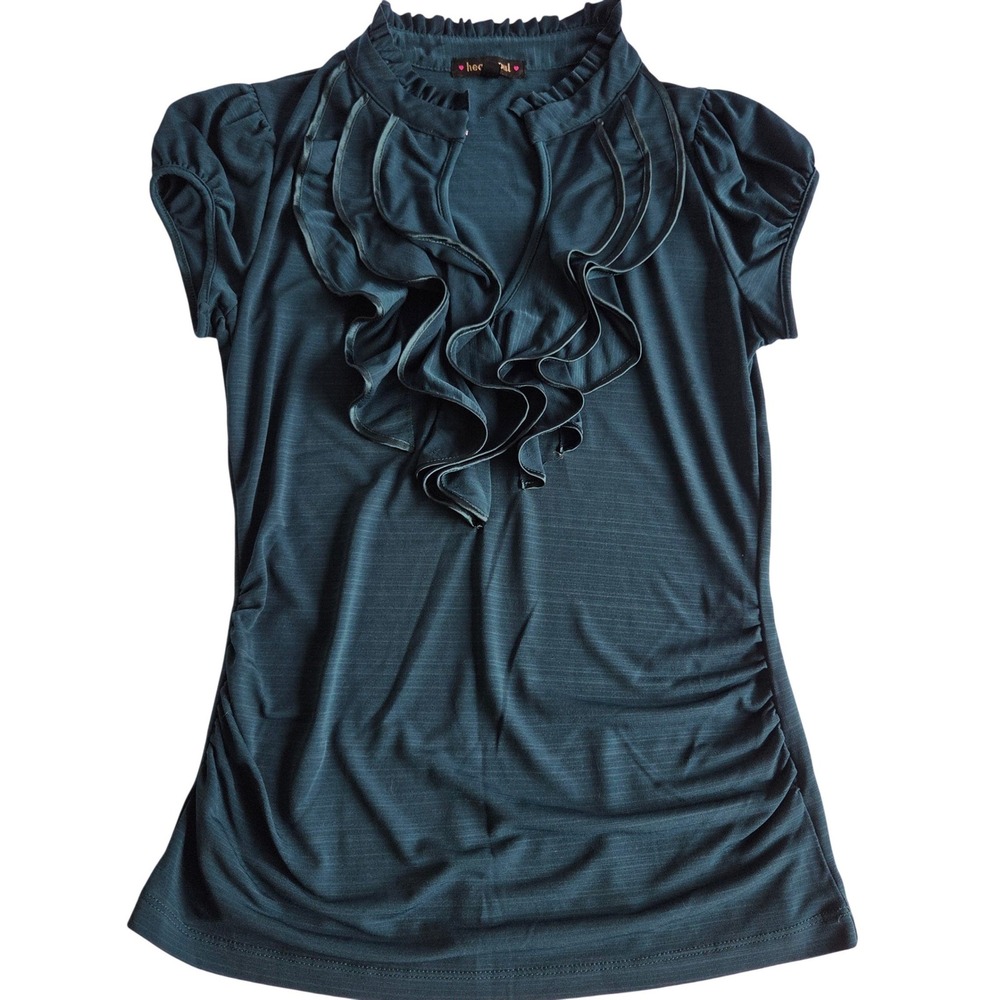 Heart Soul Teal Ruffle V-Neck Cap Sleeve Top Y2K Office Siren Ruched Knit Blouse